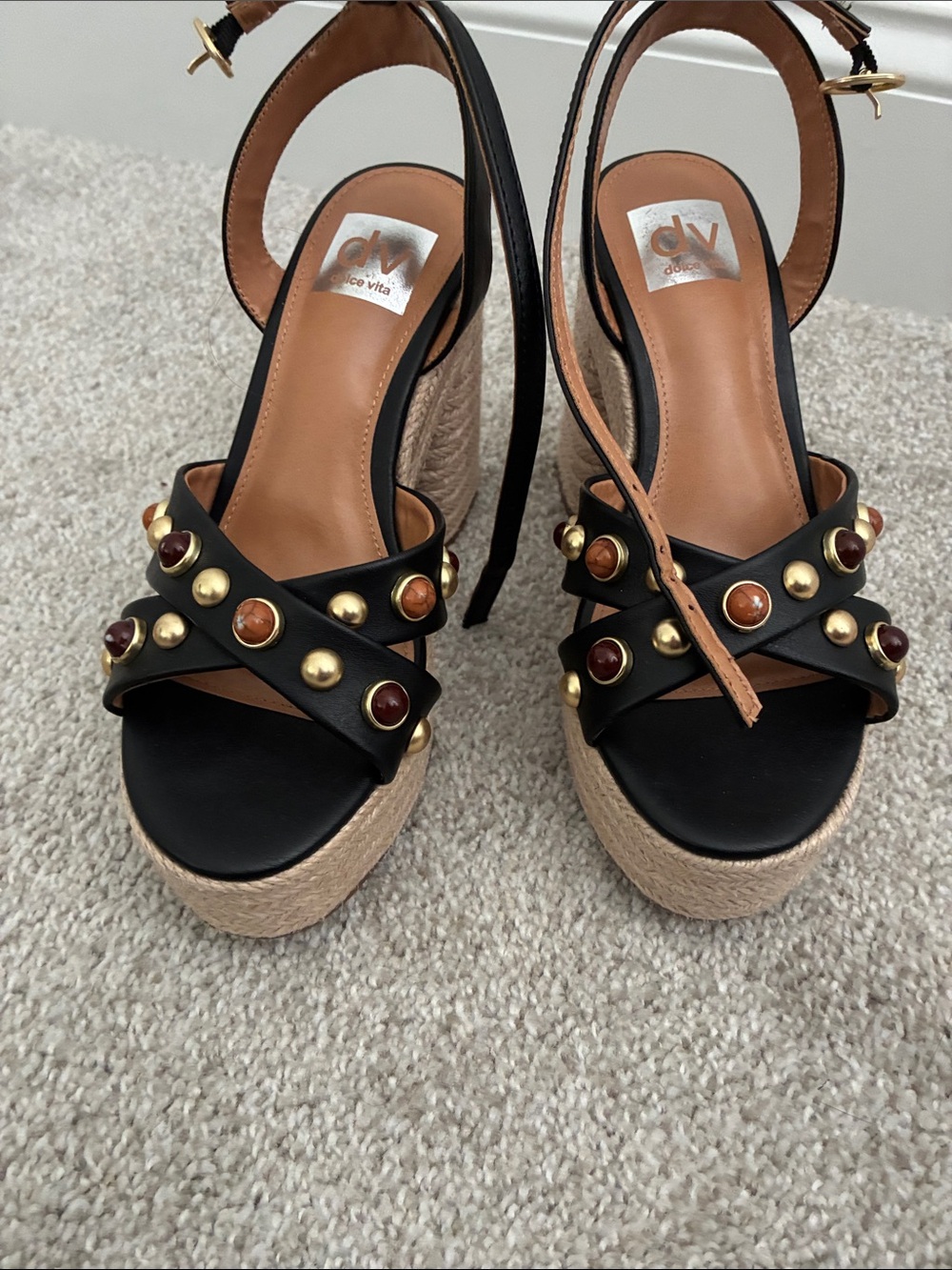 DV by Dolce Vita Black Leather Studded Platform Espadrilles with Brown Stones